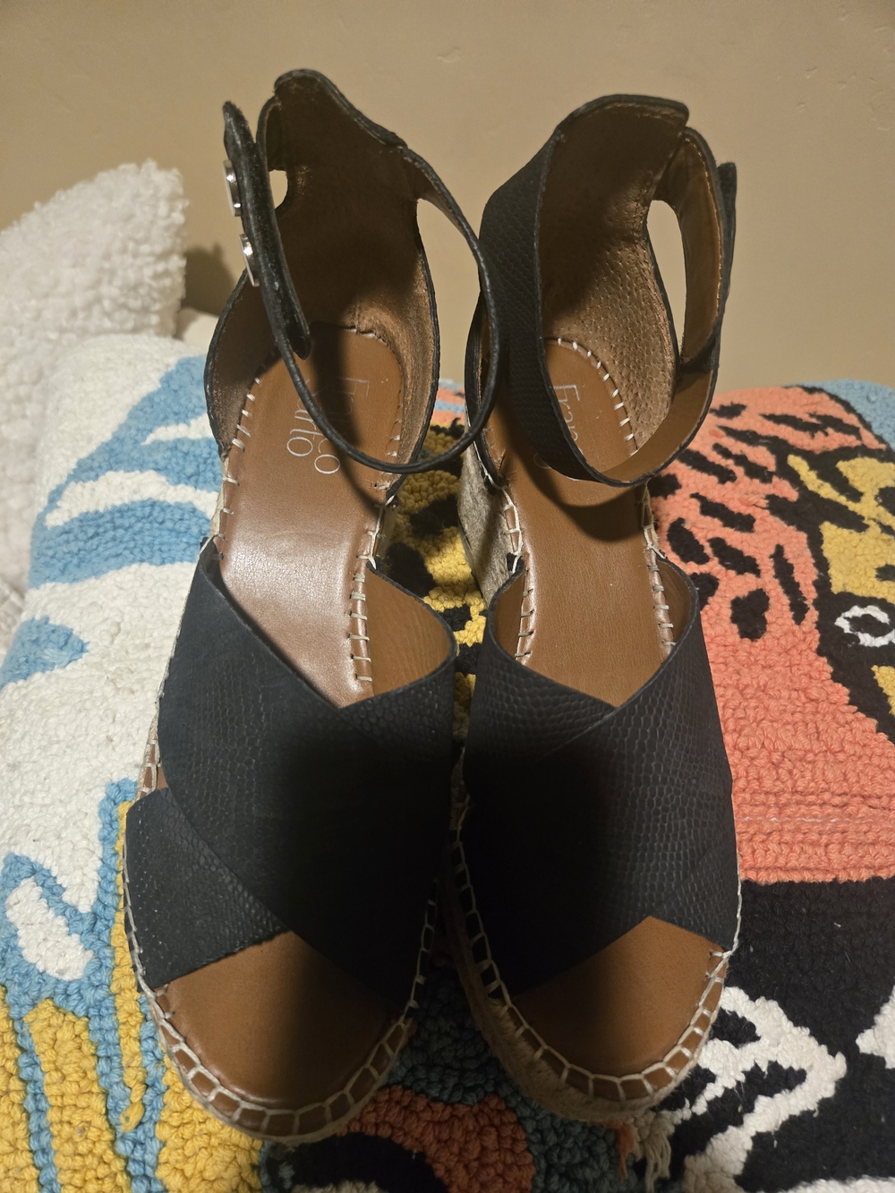Franco Sarto Black Crisscross Espadrille Wedge Sandals with Ankle Strap